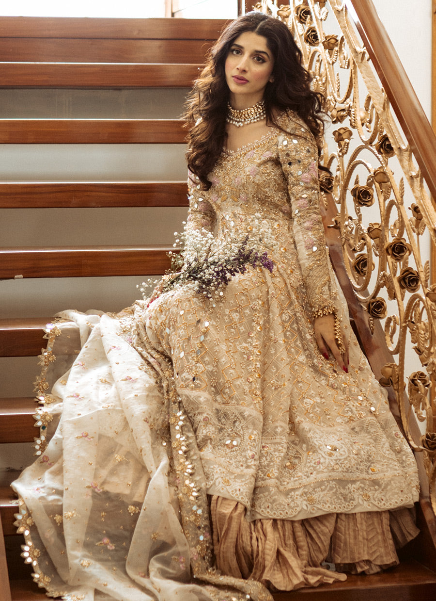 "Rose Gold Tissue Kalidaar Bridal Ensemble with Intricate Hand Embellishments"