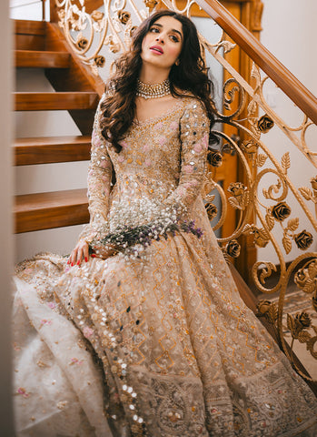 "Rose Gold Tissue Kalidaar Bridal Ensemble with Intricate Hand Embellishments"