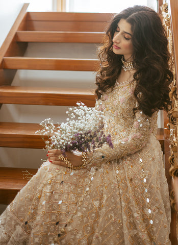 "Rose Gold Tissue Kalidaar Bridal Ensemble with Intricate Hand Embellishments"