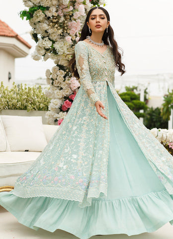 "Mint Green Tissue Kalidaar: Exquisite Handcrafted Ensemble with Floral Embroidery and Pearls"