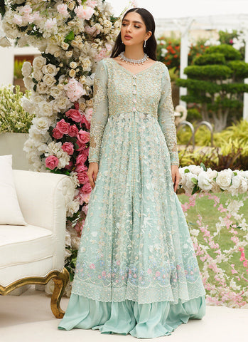 "Mint Green Tissue Kalidaar: Exquisite Handcrafted Ensemble with Floral Embroidery and Pearls"