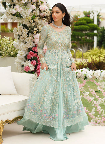 "Mint Green Tissue Kalidaar: Exquisite Handcrafted Ensemble with Floral Embroidery and Pearls"