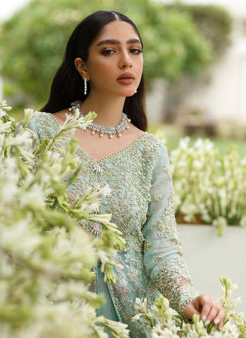 "Mint Green Tissue Kalidaar: Exquisite Handcrafted Ensemble with Floral Embroidery and Pearls"