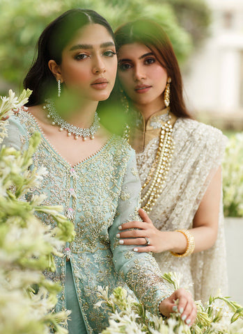 "Mint Green Tissue Kalidaar: Exquisite Handcrafted Ensemble with Floral Embroidery and Pearls"