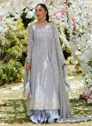 Clem Cornflower Blue Kallidaar Bridal Set with Heavily Embellished Dupatta and Crushed Swirl Maxi