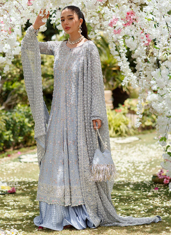 Clem Cornflower Blue Kallidaar Bridal Set with Heavily Embellished Dupatta and Crushed Swirl Maxi