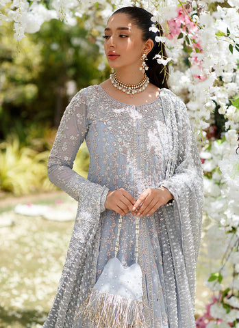 Clem Cornflower Blue Kallidaar Bridal Set with Heavily Embellished Dupatta and Crushed Swirl Maxi