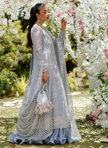 Clem Cornflower Blue Kallidaar Bridal Set with Heavily Embellished Dupatta and Crushed Swirl Maxi