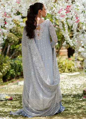 Clem Cornflower Blue Kallidaar Bridal Set with Heavily Embellished Dupatta and Crushed Swirl Maxi