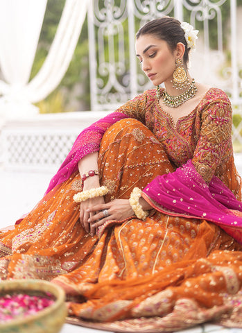 Burnt Orange Sheer Net Angharka Kalidaar with Intricate Silk Thread Work and Candy Pink Dupatta