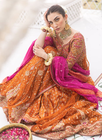 Burnt Orange Sheer Net Angharka Kalidaar with Intricate Silk Thread Work and Candy Pink Dupatta