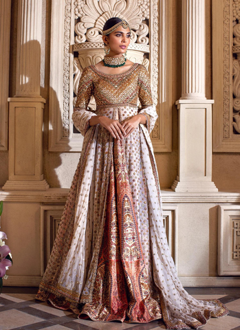 "Golden Shimmer Hand-Embellished Bridal Ensemble with Digital Silk Lehnga"