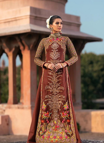 Chocolate Brown Net Floor-Length Shirt with Silk Embroidery & Corset Ensemble