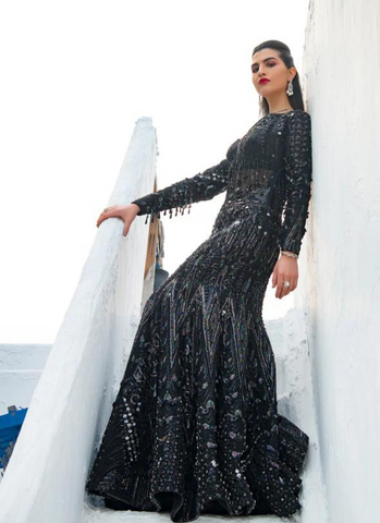 Black Attire with White Threadwork and Sequin Embellishments