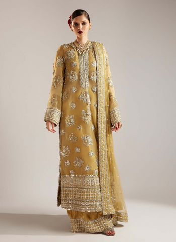 "Pastel Lime Yellow Cross-Stitch Floral Motif Ensemble with Velvet Palazzos and Embellished Net Dupatta"