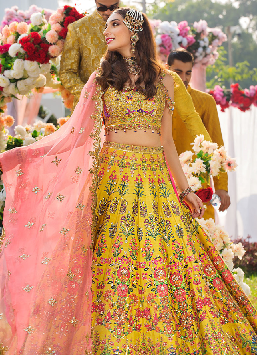 Bedazzled Choli with Floral Lehnga and Coral Pink Organza Dupatta