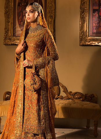 Burnt Orange Silk Khaddi Net Shirt with Jamawar Farshi Lengha and Organza Net Dupatta