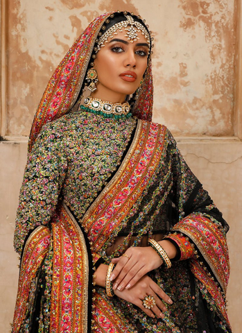 Black Lehenga Ensemble, Embroidered Choli & Lime Dupatta Set with Sparkling Sequins