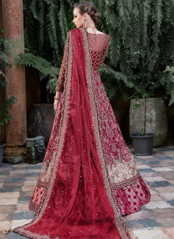 AISULTAN Royal Red Pakistani Bridal Outfit In Gown Lehenga Style