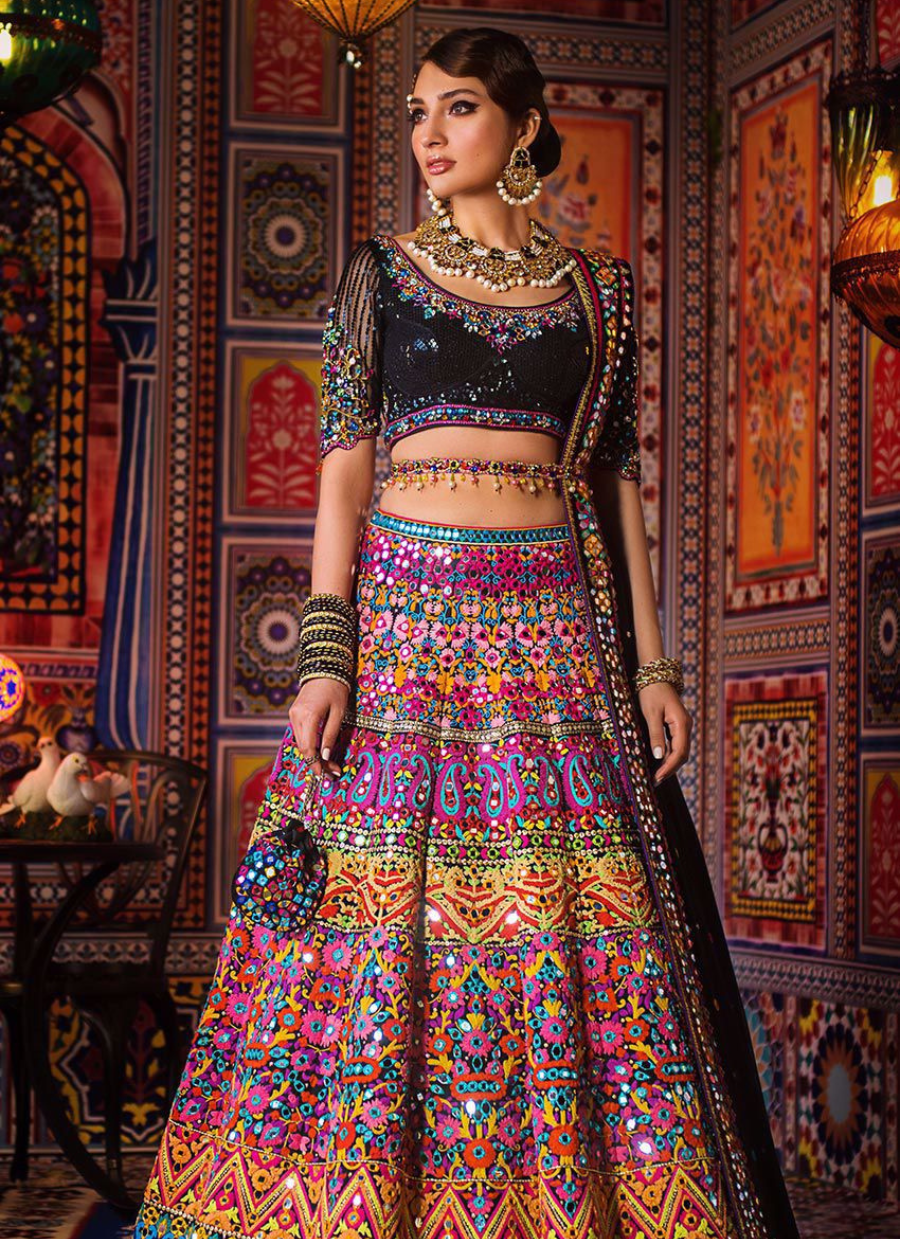 Black Bedazzled Choli with Multi-Hued Embroidery and Mirror-Worked Dupatta