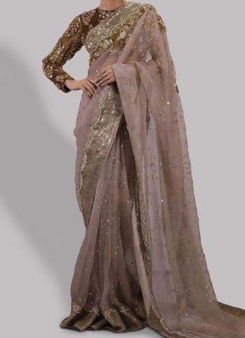 Cameo Rose Hand-Embellished Organza Sari Ensemble with Dupion Cropped Blouse