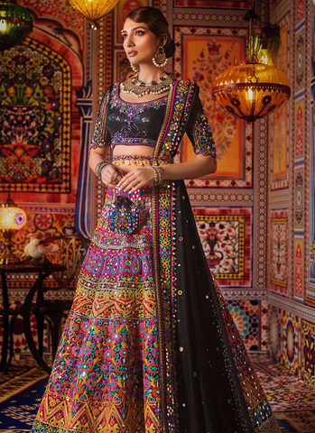 Black Bedazzled Choli with Multi-Hued Embroidery and Mirror-Worked Dupatta