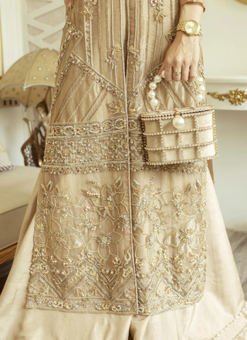 Dazzling Gold Organza Patchwork Gown with Raw Silk Sharara