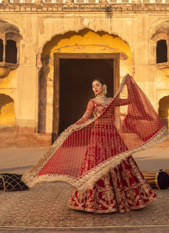 Arusa Pakistan Red Bridal lehnga