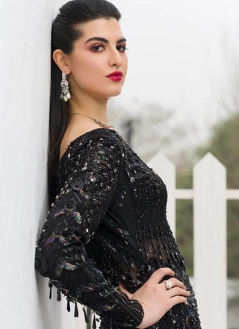 Black Attire with White Threadwork and Sequin Embellishments