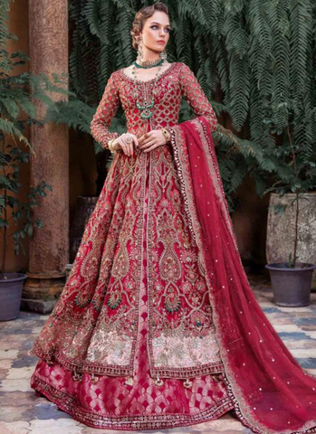 AISULTAN Royal Red Pakistani Bridal Outfit In Gown Lehenga Style