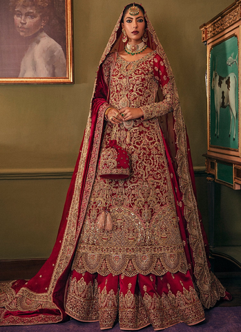 Arash Pakistani Heavy Bridal Wedding Lehnga In Red Color