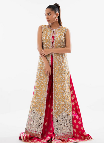 Deep Gold Tissue Long Jacket with Peacock Cutwork, Hot Pink Brocade Dhaka Trousers, and Matching Choli