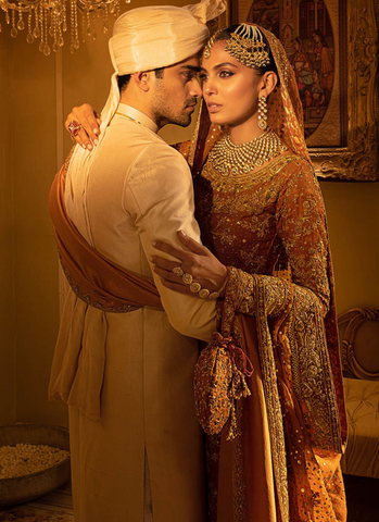 Burnt Orange Silk Khaddi Net Shirt with Jamawar Farshi Lengha and Organza Net Dupatta