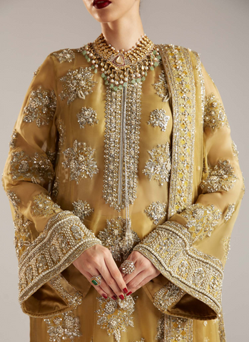 "Pastel Lime Yellow Cross-Stitch Floral Motif Ensemble with Velvet Palazzos and Embellished Net Dupatta"