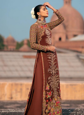 Chocolate Brown Net Floor-Length Shirt with Silk Embroidery & Corset Ensemble