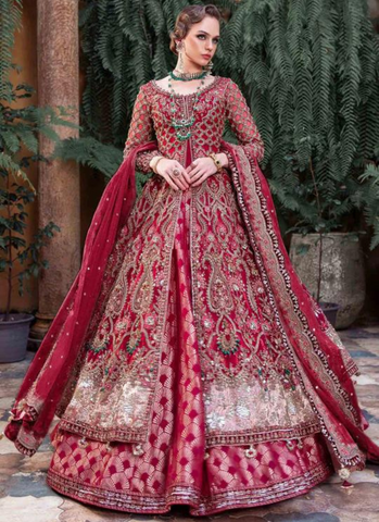 AISULTAN Royal Red Pakistani Bridal Outfit In Gown Lehenga Style