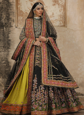 Black Lehenga Ensemble, Embroidered Choli & Lime Dupatta Set with Sparkling Sequins