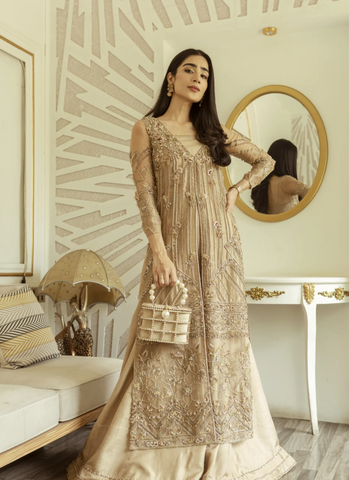 Dazzling Gold Organza Patchwork Gown with Raw Silk Sharara