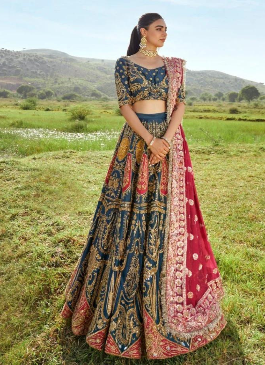 Admiral Blue Tusser Silk Lehenga Choli Set with Fuschia Pink Zari Organza Dupatta