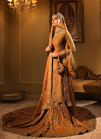 Burnt Orange Silk Khaddi Net Shirt with Jamawar Farshi Lengha and Organza Net Dupatta