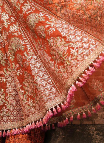 "Delicate Floral Rust Pishwas Ensemble with Screen Printed Sharara and Pink Scalloped Net Dupatta"