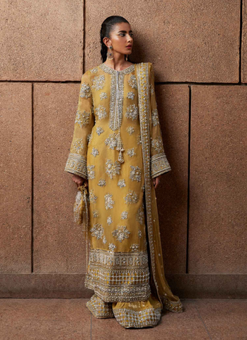 "Pastel Lime Yellow Cross-Stitch Floral Motif Ensemble with Velvet Palazzos and Embellished Net Dupatta"