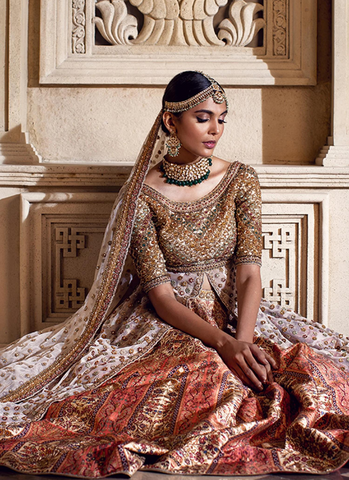 "Golden Shimmer Hand-Embellished Bridal Ensemble with Digital Silk Lehnga"