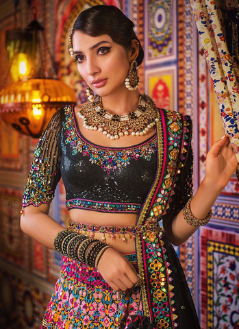 Black Bedazzled Choli with Multi-Hued Embroidery and Mirror-Worked Dupatta