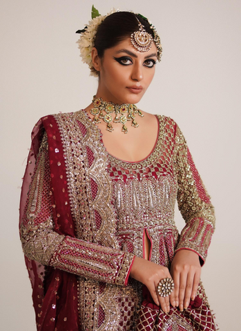 Berry Red Bridal Ensemble: Exquisite Organza Gown with Stain Lehenga and Embellished Dupatta