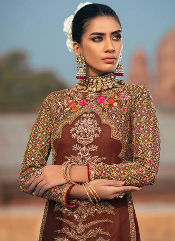 Chocolate Brown Net Floor-Length Shirt with Silk Embroidery & Corset Ensemble