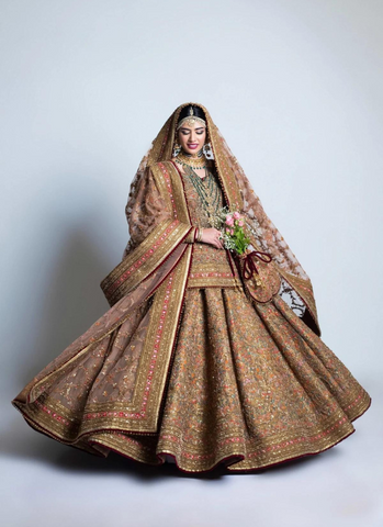 Antique Tissue Lehnga Ensemble, Exquisite Resham, Zardozi, and Gotta Detailing