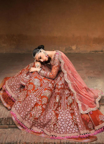 "Delicate Floral Rust Pishwas Ensemble with Screen Printed Sharara and Pink Scalloped Net Dupatta"