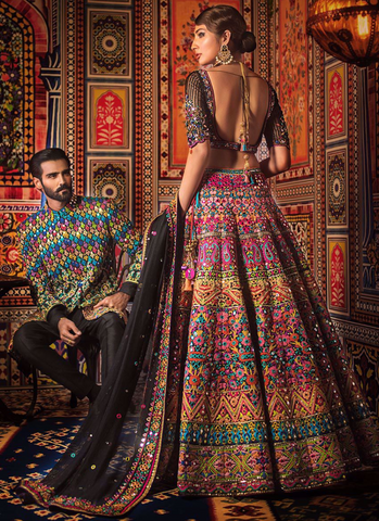 Black Bedazzled Choli with Multi-Hued Embroidery and Mirror-Worked Dupatta