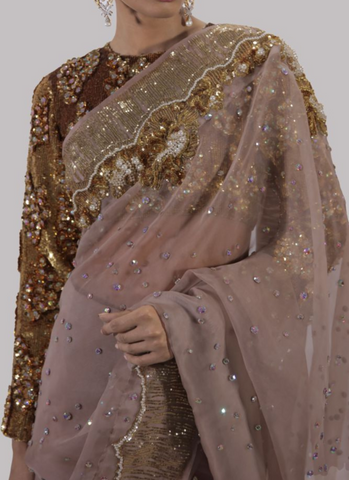 Cameo Rose Hand-Embellished Organza Sari Ensemble with Dupion Cropped Blouse